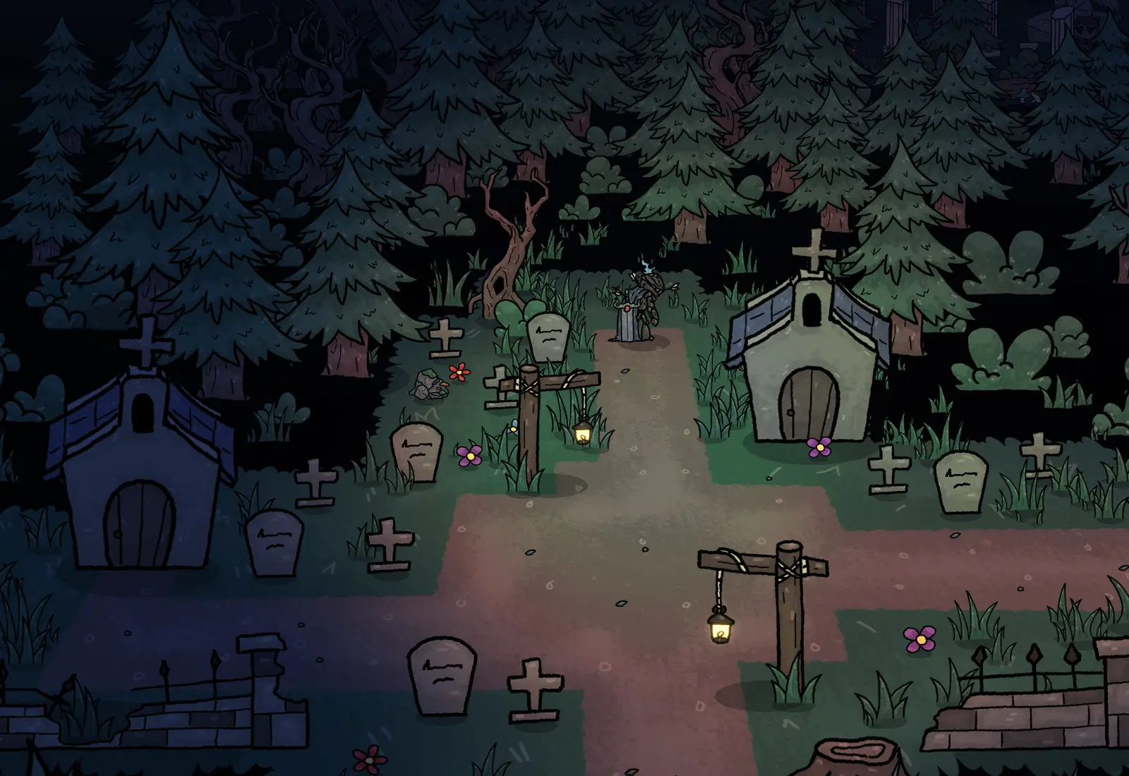 Le Chevalier spectral à son poste, un villageois à côté : le cimetière, à l’ouest.