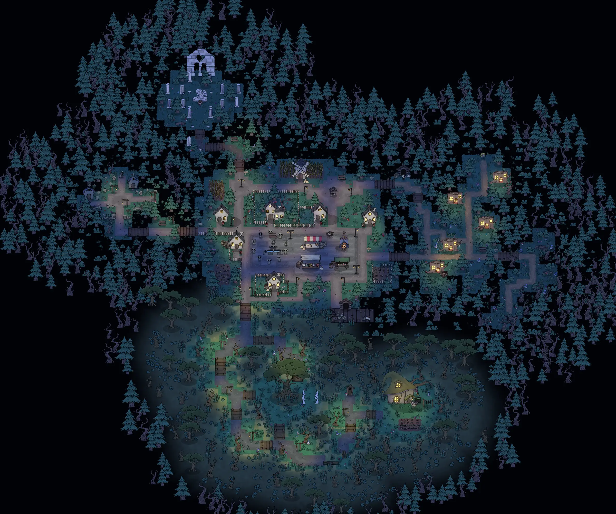 La carte de Villager vue de haut, de nuit : le village au centre, le cimetière à l'ouest, les ruines au nord-ouest, la forêt à l'est et le marais au sud, entourés de sapins.